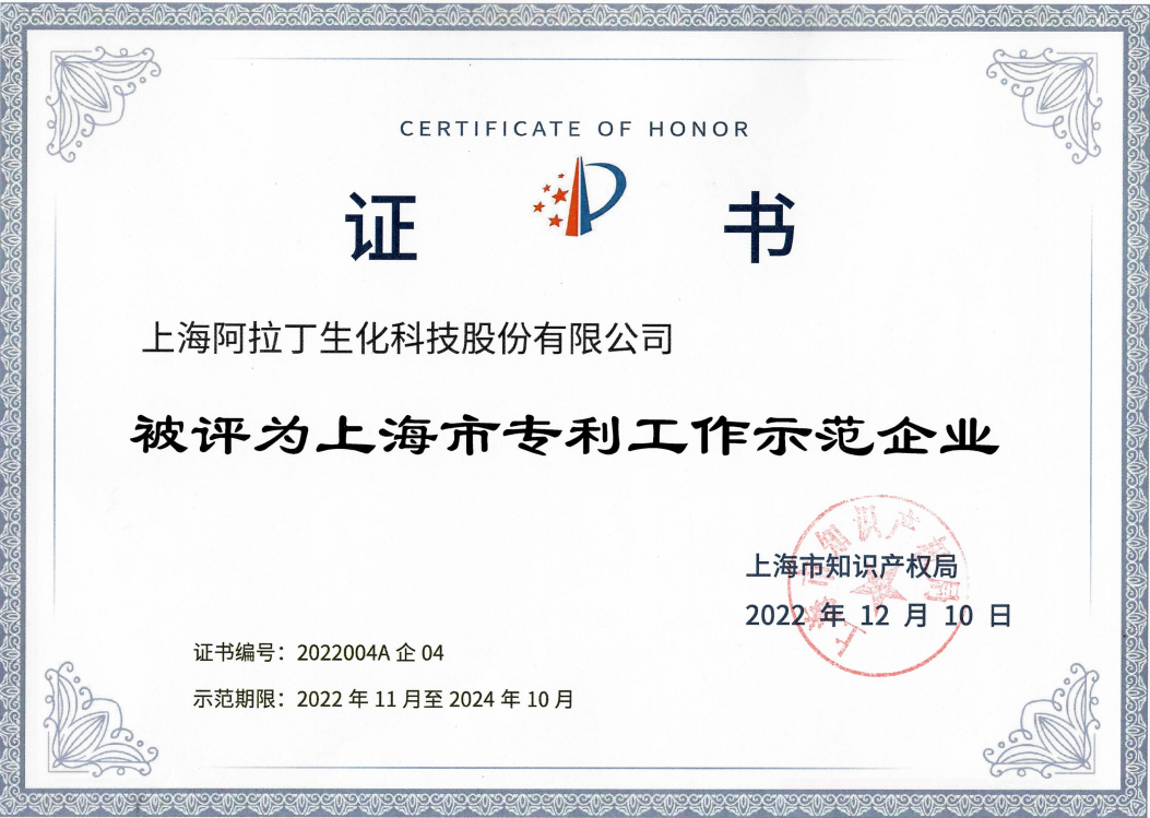 【阿拉丁】荣获2022年“上海市专利工作示范企业”称号！